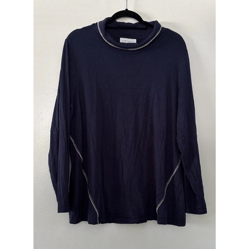Pure Jill Tranquility Fleece Top XL LS Navy White Blue Stitching Stretch SOFT